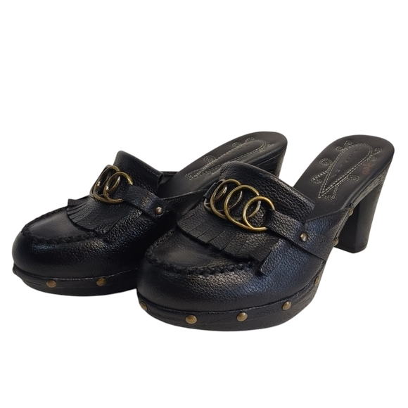 Truflex Shoes - Truflex Clog Shoes Black Leather Studded Brass Chain  Fringed Heels Size 7.5M